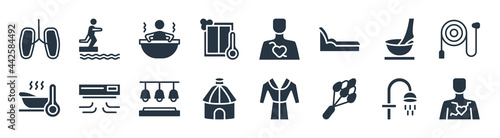 sauna filled icons. glyph vector icons such as arterioles, hemlock, yurt, warming-up time, foot bath, 2steam bath, cardiovascular system, adrenalin rush sign isolated on white background.
