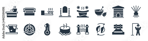 sauna filled icons. glyph vector icons such as dousing shower, fresh air supply, asian bath, smoke sauna, hideaway, earth sauna, snow paradise?, laconium sign isolated on white background.