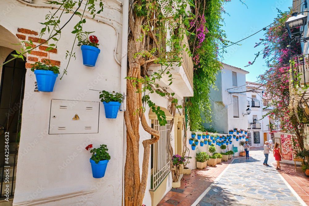 Fototapeta premium Beautiful old town in Marbella on a sunny summer day. White walls decorated with blue flower pot.