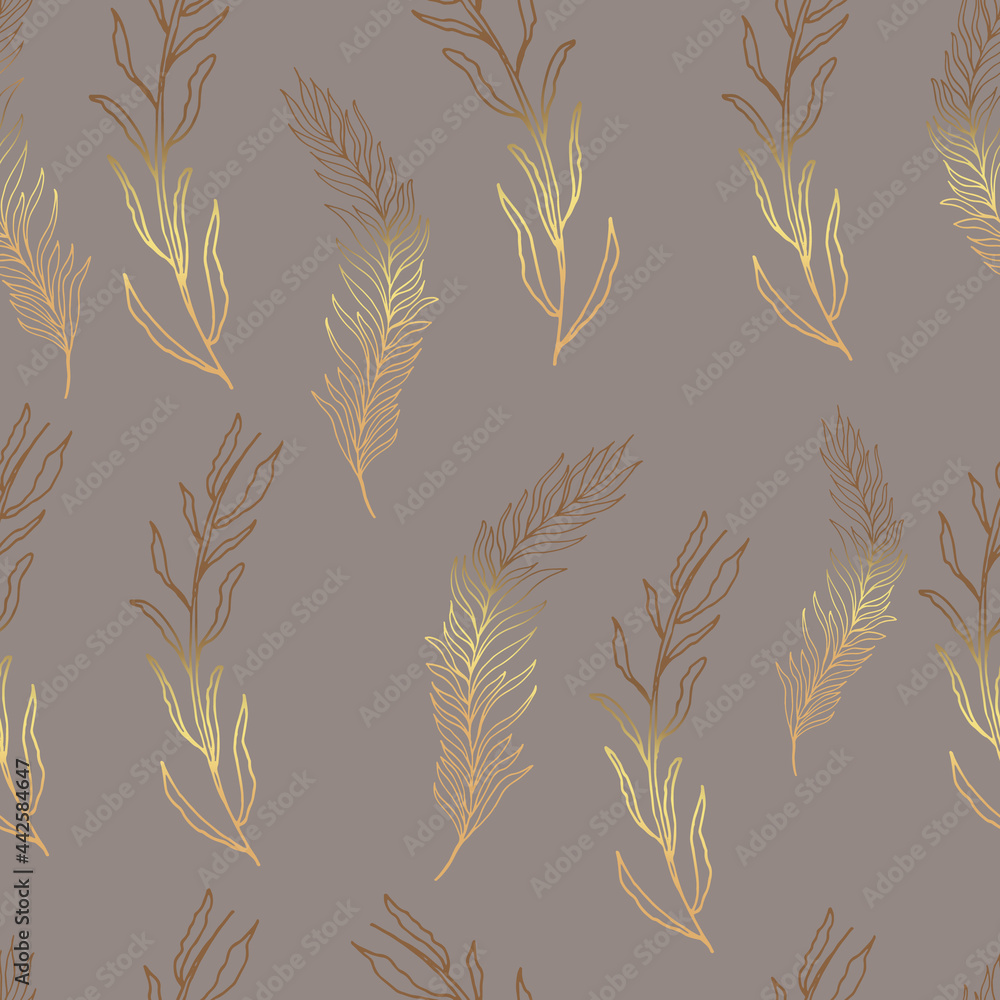 Seamless pattern with golden leaves. Beige background with beautiful shiny branches. Vector illustration Seamless pattern with golden leaves. Beige background with beautiful shiny branches. Vector illustration