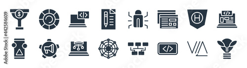 technology filled icons. glyph vector icons such as organic, embedding, multichannel marketing, attributes, hybrid app, self-closing tag, bugs, color value sign isolated on white background.
