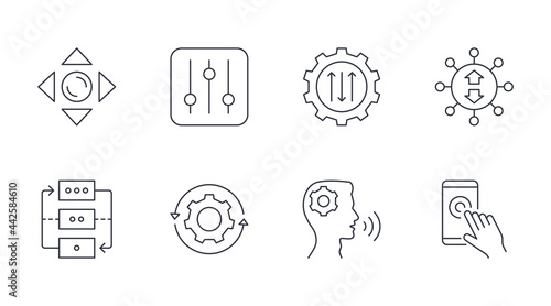 Vector control icons. Editable stroke. Voice and hand control, joystick game access sound setting