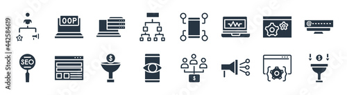 technology filled icons. glyph vector icons such as sales funnel, content marketing, impressions, search engine optimization, sdk, caching, content curation, object-oriented programming sign