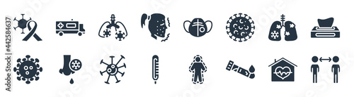 coronavirus prevention filled icons. glyph vector icons such as keep distance, blood, temperature, amoeba, cancer, infected lungs, respirator mask, ambulance sign isolated on white background.