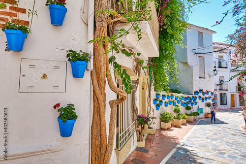 Hermoso casco antiguo de Marbella en un soleado día de diciembre. Paredes blancas decoradas con maceta azul.