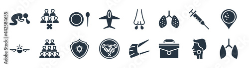 coronavirus prevention filled icons. glyph vector icons such as lungs, suitcase, no handshake, airplane, vaccine, tableware, runny nose, avoid crowds sign isolated on white background.