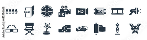 cinema filled icons. glyph vector icons such as vip person, camera roll, film counter, old 3d glasses, film, camera lens, hd video, cinema exit sign isolated on white background.