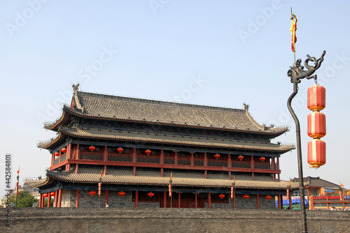 City Wall, Xian, Shaanxi Province, China. The City Wall of Xian is one of the largest and best preserved city fortifications in China. Watchtower above an entrance gate on Xian city wall.