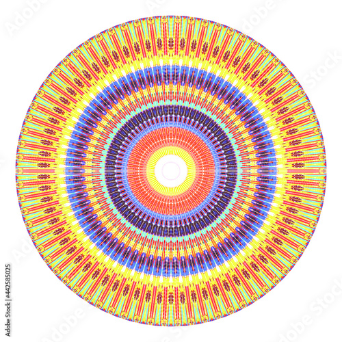 Creative multicolored dotted round symbol. Abstract symmetrical logo. Mosaic colors beautiful pattern. Circle lines modern pixel floral art icon. Colored pattern ornament wheel decorative illustration