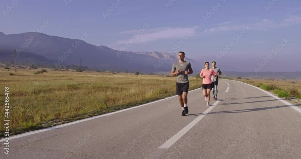 Multiethnic group of athletes running together on a panoramic countryside road. Diverse Team of joggers on morning training. Multiethnic group of athletes running together on a panoramic countryside road. Diverse Team of joggers on morning training.