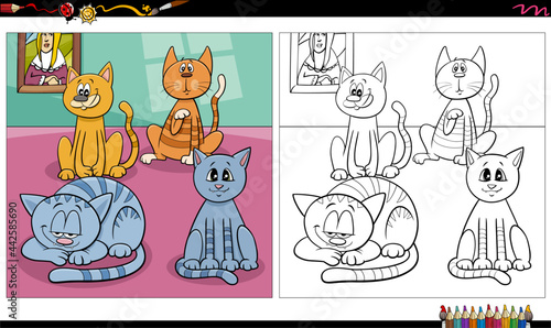 cartoon cats and kittens group coloring book page