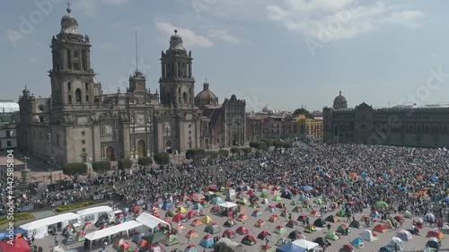 Zocalo or Constitution Square, the main square of Mexico. Aerial view of protesters, demonstrators against Mexican President Andres Manuel Lopez Obrador. (September 2020) photo