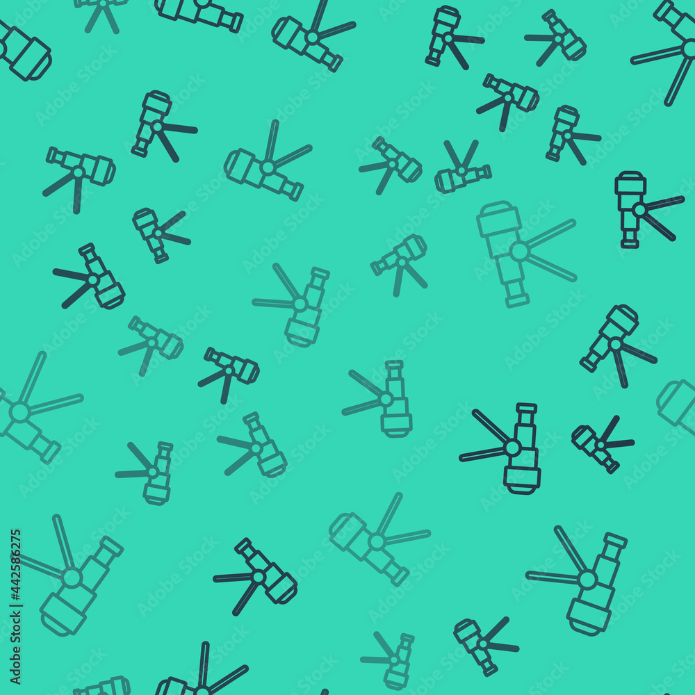 Black line Telescope icon isolated seamless pattern on green background. Scientific tool. Education and astronomy element, spyglass and study stars. Vector Black line Telescope icon isolated seamless pattern on green background. Scientific tool. Education and astronomy element, spyglass and study stars. Vector