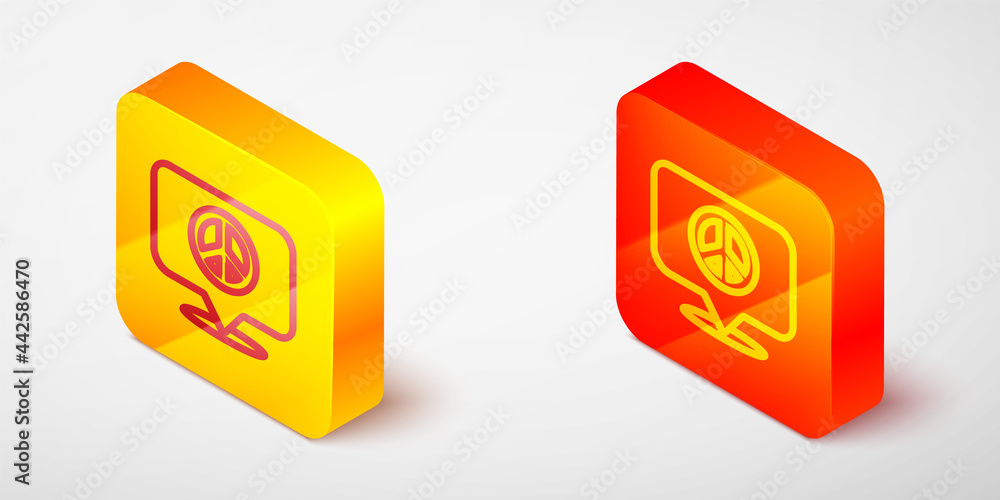 Isometric line Location peace icon isolated on grey background. Hippie symbol of peace. Yellow and orange square button. Vector Isometric line Location peace icon isolated on grey background. Hippie symbol of peace. Yellow and orange square button. Vector