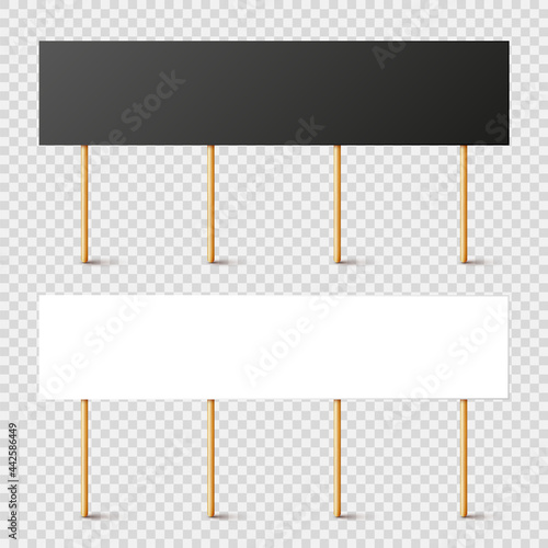 Blank black and white protest signs with wooden holder. Realistic vector demonstration banner. Strike action cardboard placard mockup.