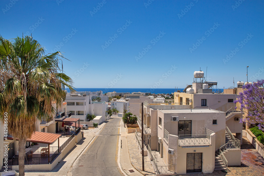 Cityscape with small street in Ayia Napa, Cyprus.