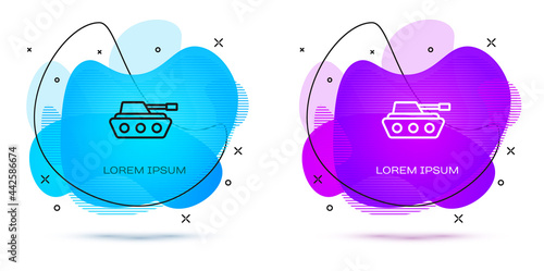 Line Military tank icon isolated on white background. Abstract banner with liquid shapes. Vector