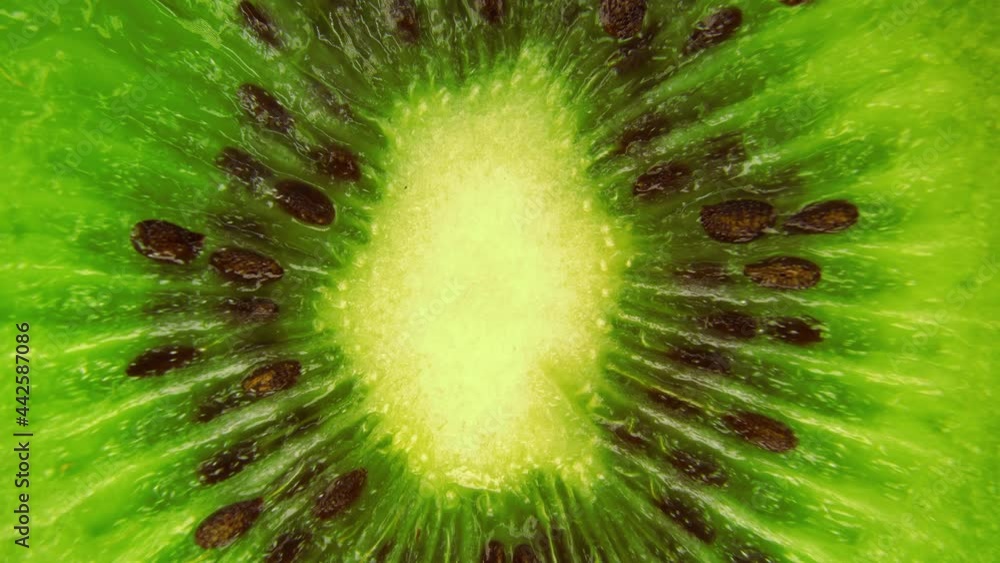 Macro fruit.Details of a kiwi slice rotating top view.Macro food.Looped rotation.Healthy eating concept.Organic fresh harvest.healthy food,bio food.Green fruit. Macro fruit.Details of a kiwi slice rotating top view.Macro food.Looped rotation.Healthy eating concept.Organic fresh harvest.healthy food,bio food.Green fruit.