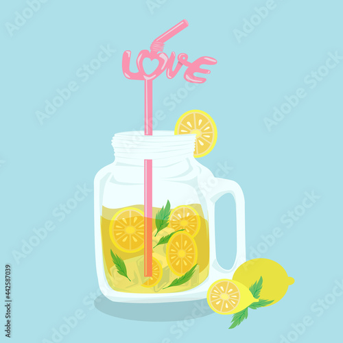 Lime juice and love shape Straw on blue background. Drink on Valentine's Day. vector, illustration