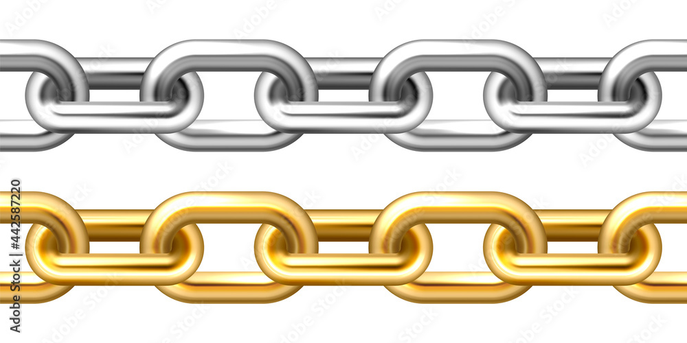 Realistic seamless golden and silver chains isolated on white background. Metal chain with shiny gold plated links. Vector illustration. Realistic seamless golden and silver chains isolated on white background. Metal chain with shiny gold plated links. Vector illustration.