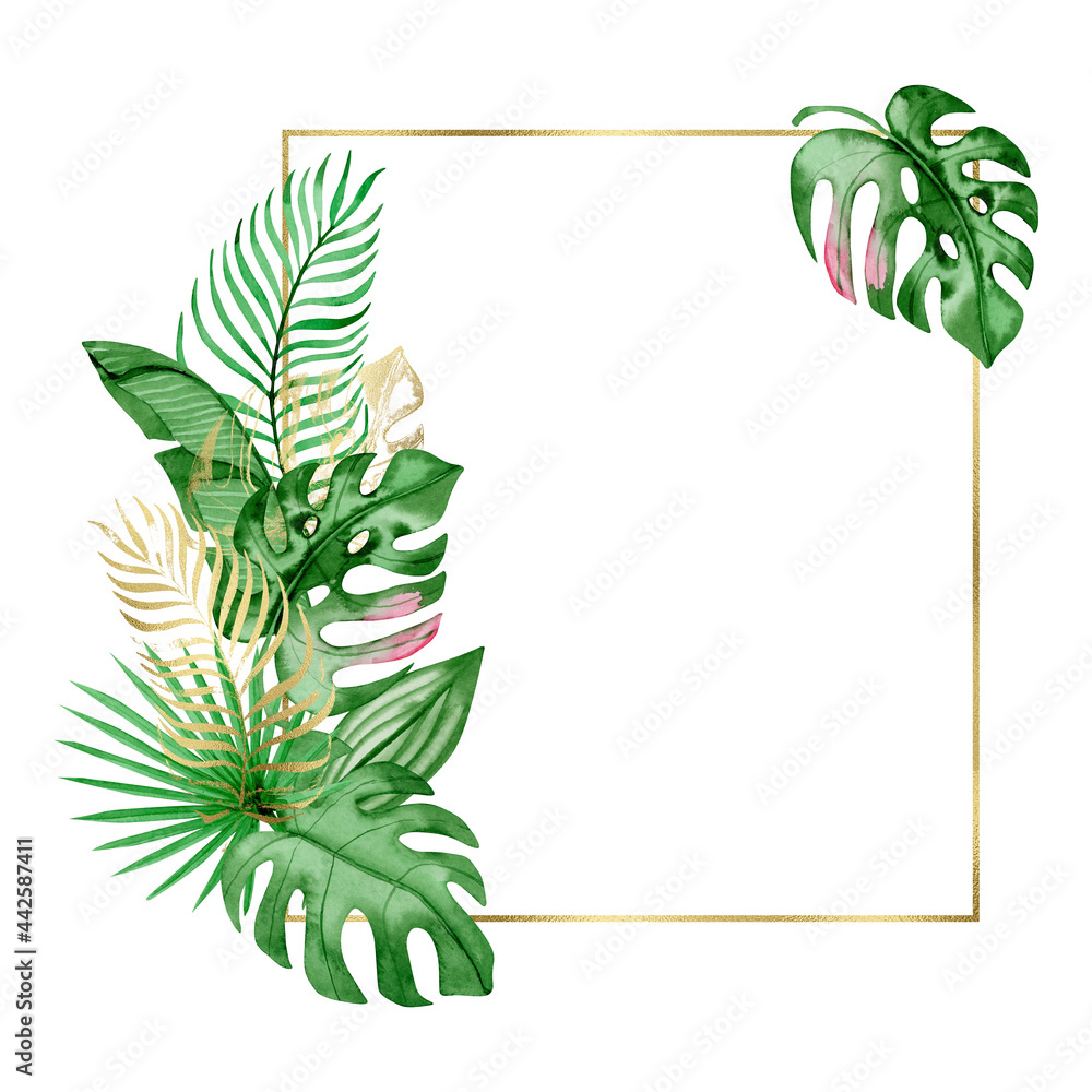 Watercolor gold frame with green and gold tropical leaves isolated on a ...