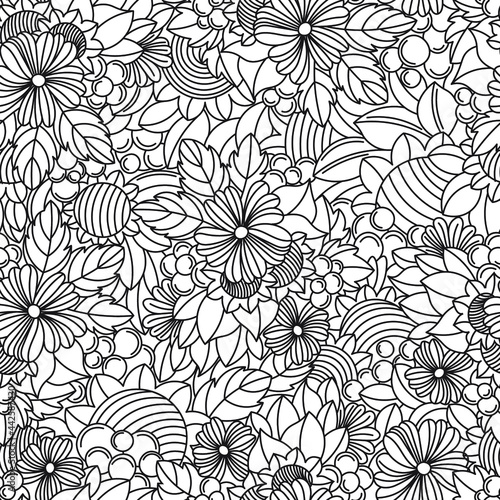 seamless contour floristic coloring book for adults. vector flowers, leaves and berries