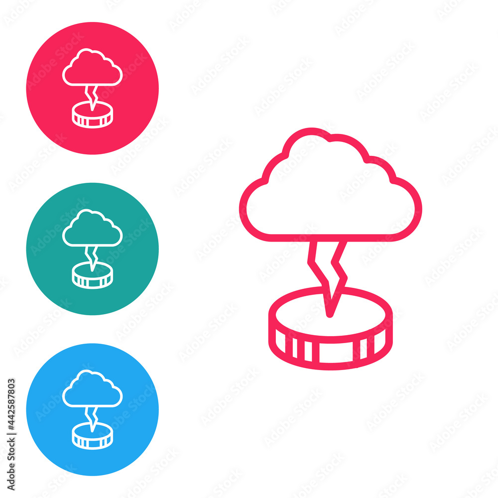 Red line Storm icon isolated on white background. Cloud and lightning sign. Weather icon of storm. Set icons in circle buttons. Vector Red line Storm icon isolated on white background. Cloud and lightning sign. Weather icon of storm. Set icons in circle buttons. Vector
