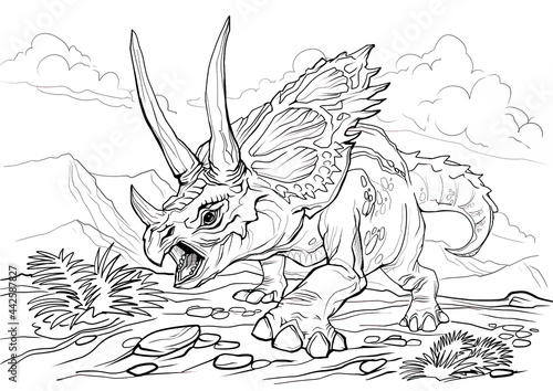 Triceratops. Dinosaur coloring page for children and adults, hand drawn illustration. A4 size. Design for wallpapers, packaging, postcards and posters. Black and white. Wild nature