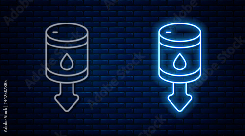 Glowing neon line Drop in crude oil price icon isolated on brick wall background. Oil industry crisis concept. Vector