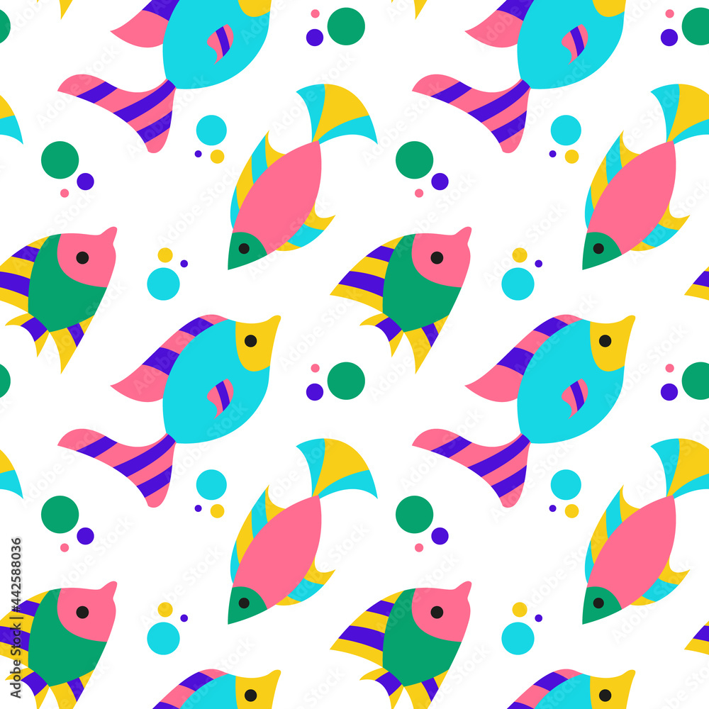 Fototapeta premium Vector seamless pattern with abstract flat fishes and dots in bright pink,gree,yellow colors on white background.Summer design for paper,fabrics,textile,kids clothes.Digital endless modern backdrop