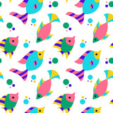 Vector seamless pattern with abstract flat fishes and dots in bright pink,gree,yellow colors on white background.Summer design for paper,fabrics,textile,kids clothes.Digital endless modern backdrop