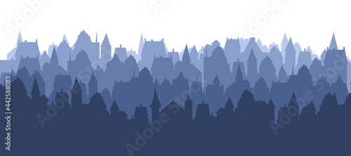 Small town streets silhouette. Roofs of houses. Country landscape. Flat cartoon style. Seamless illustration. Isolated on white background. Vector art