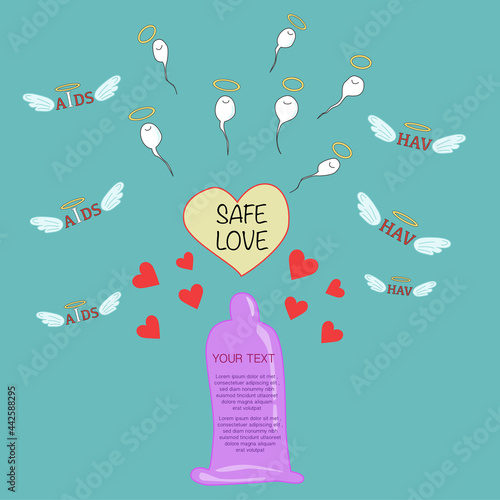 Purple condom for safe love and angle sperm, HIV. Vector illustration about importance of using condoms. World Contraception Day. Save sex concept.