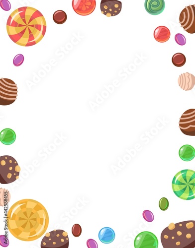 Sweets with hazelnuts. Oval frame. Assorted chocolate dessert. Candy caramel. Lollipops. Flat background isolated illustration. Vector..vertical. Vector