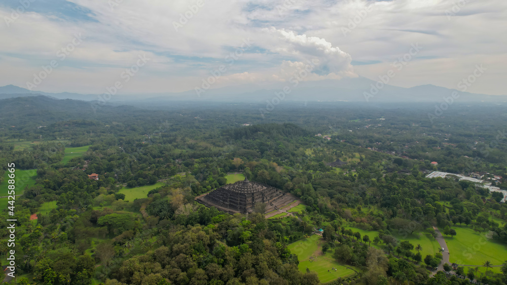 Aerial view of the Magnificent Borobudur temple. The world's largest Buddhist monument, in Central Java. Central Java, Indonesia, July 1, 2021