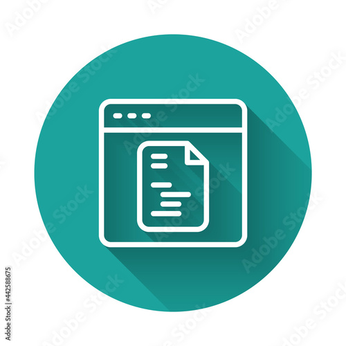 White line Software, web developer programming code icon isolated with long shadow background. Javascript computer script random parts of program code. Green circle button. Vector