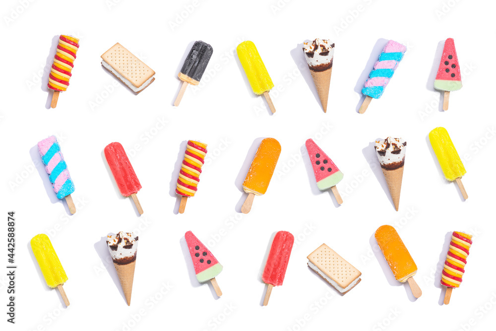 Top view of collection of different popsicles of colorful and ice cream on white background. Flat lay composition. Top view of collection of different popsicles of colorful and ice cream on white background. Flat lay composition.