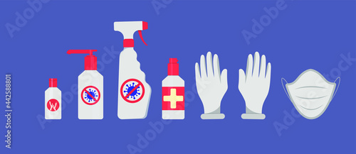 A set of antiseptics for the treatment of hands, air and surfaces, medical gloves, mask. Means of protection and prevention from viral infection covid. Vector illustration, objects isolated, eps 10.