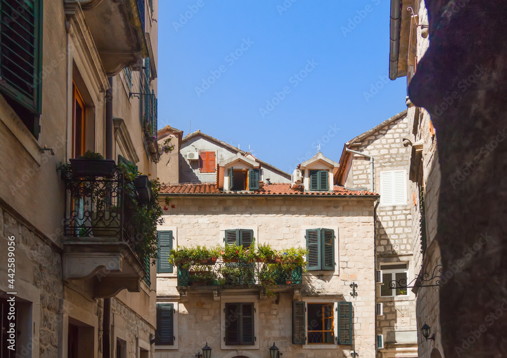 Beautiful narrow street of old town. Kotor, Montenegro.