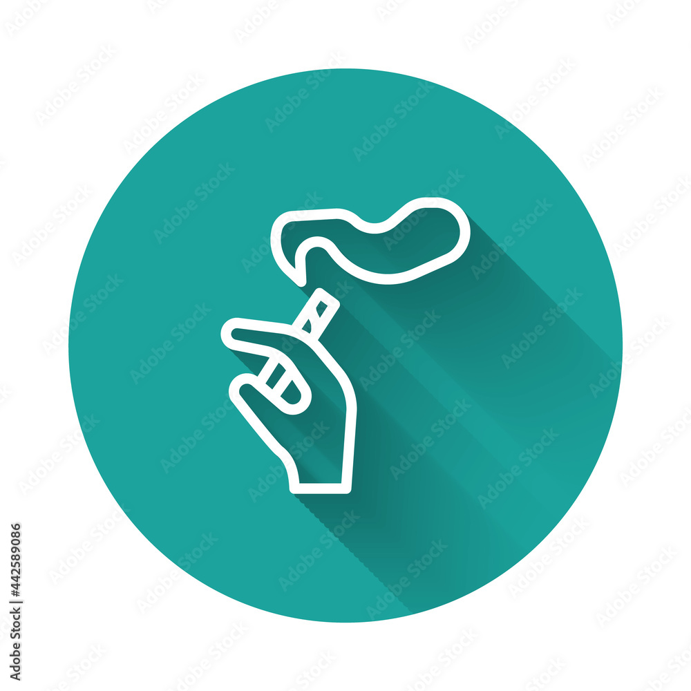 White line Hand with smoking cigarette icon isolated with long shadow background. Tobacco sign. Green circle button. Vector White line Hand with smoking cigarette icon isolated with long shadow background. Tobacco sign. Green circle button. Vector