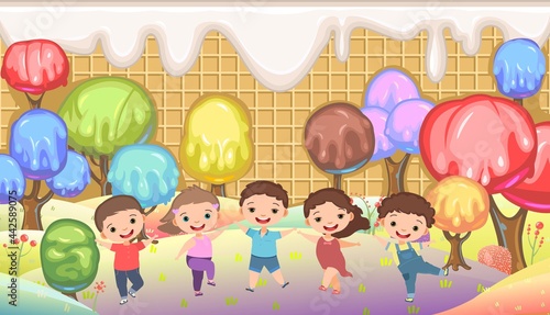 Kiddies on Candy Background. Cartoon sweet land. Boys and girls. Ice cream and caramel. Chocolate. Cute childrens fairytale holiday landscape. Fantastic illustration. Vector