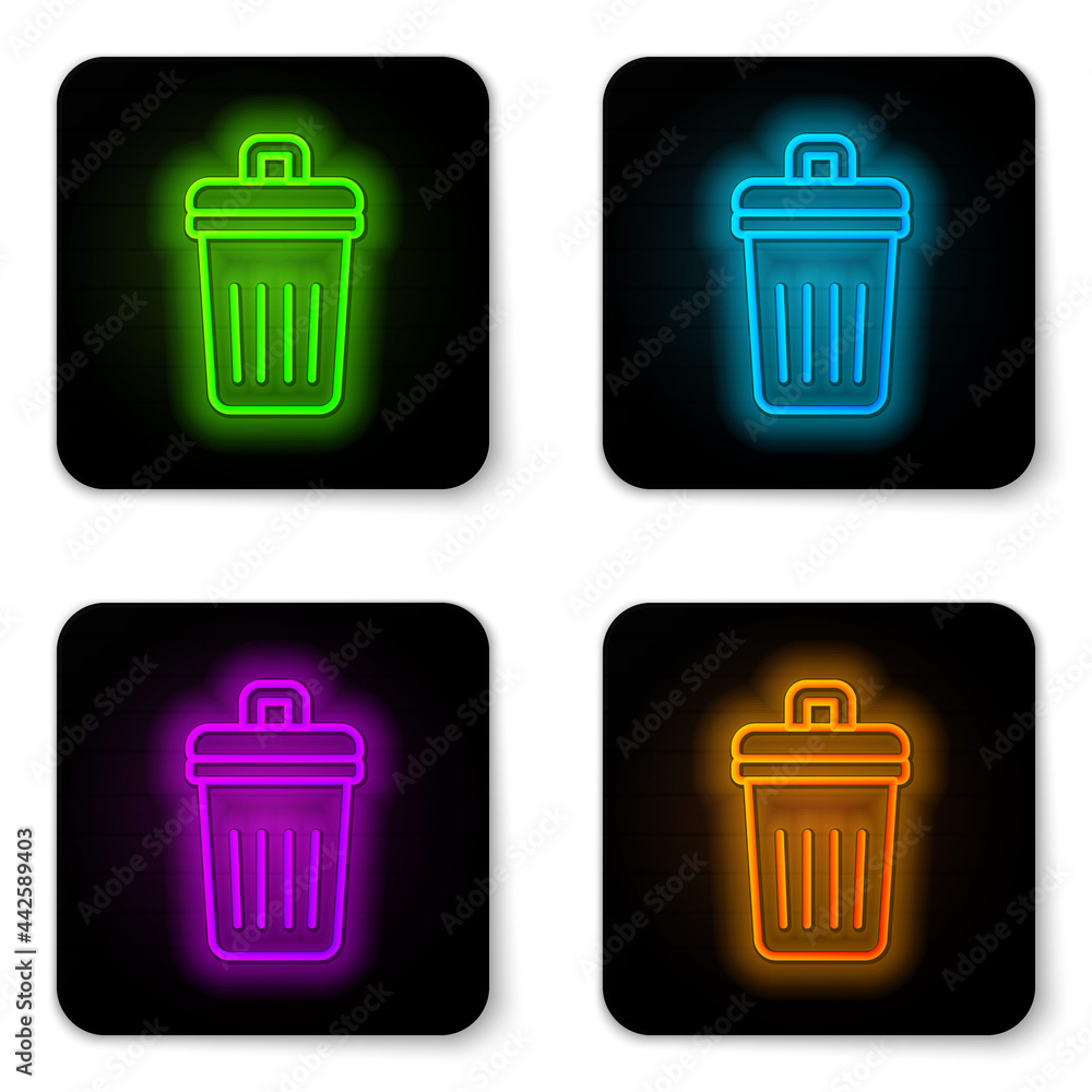 Glowing neon line Trash can icon isolated on white background. Garbage bin sign. Recycle basket icon. Office trash icon. Black square button. Vector Glowing neon line Trash can icon isolated on white background. Garbage bin sign. Recycle basket icon. Office trash icon. Black square button. Vector