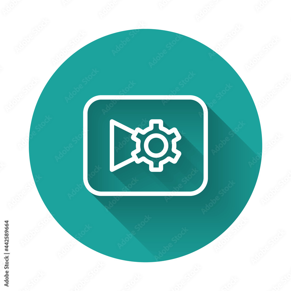 White line Music or video settings button icon isolated with long shadow background. Green circle button. Vector White line Music or video settings button icon isolated with long shadow background. Green circle button. Vector