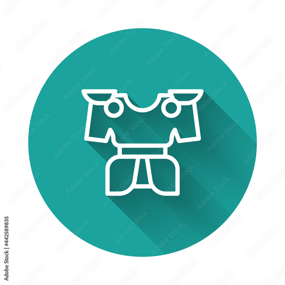 White line Body armor icon isolated with long shadow background. Green circle button. Vector White line Body armor icon isolated with long shadow background. Green circle button. Vector