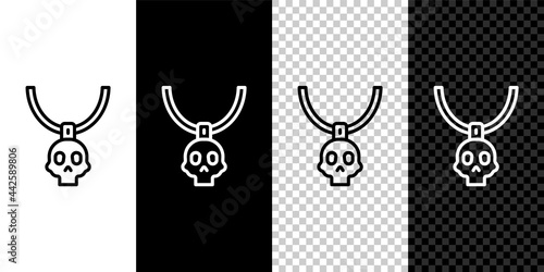Set line Necklace amulet icon isolated on black and white, transparent background. Vector
