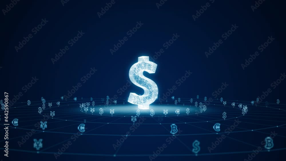 Motion graphic of Blue digital 3D money logo with futuristic technology icon and line connection with circle rotation on abstract background concept seamless loop video