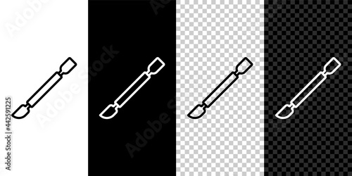 Set line Cuticle pusher icon isolated on black and white, transparent background. Tool for manicure. Vector
