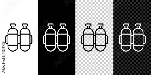 Set line Aqualung icon isolated on black and white, transparent background. Oxygen tank for diver. Diving equipment. Extreme sport. Diving underwater equipment. Vector