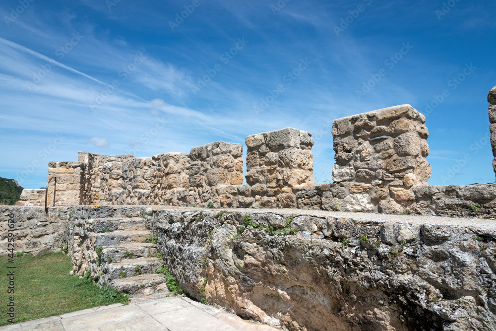 Ancient castle at Frias, Merindades, Burgos. Stone walls and blue sky. Spain, Europe