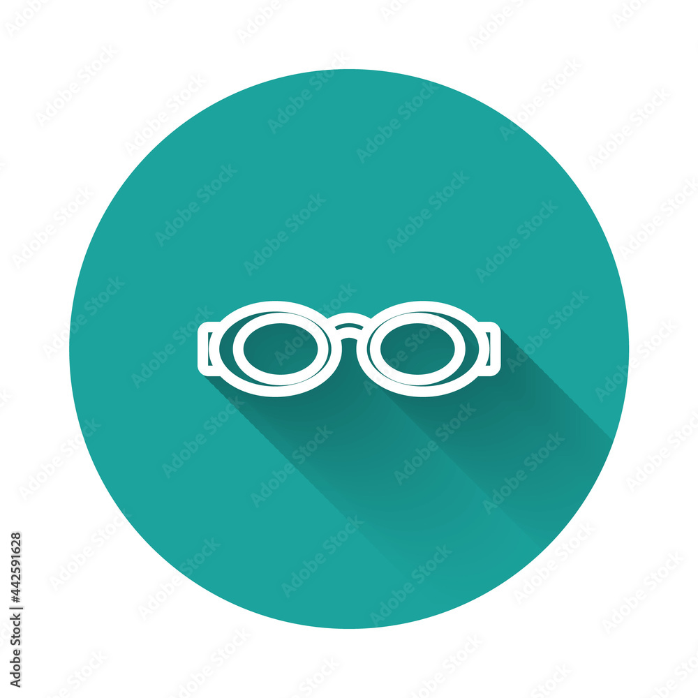 White line Glasses for swimming icon isolated with long shadow background. Swimming goggles. Diving underwater equipment. Green circle button. Vector White line Glasses for swimming icon isolated with long shadow background. Swimming goggles. Diving underwater equipment. Green circle button. Vector